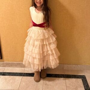 Joyfolie Cream Layered Tulle Dress with Red Waistband